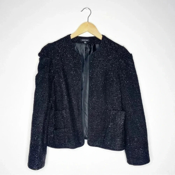 Sak Fifth Avenue Black Metallic Ruffle Shoulder Evening Jacket Size 2 - Picture 2 of 8